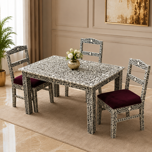 Table à manger rectangulaire en bois noire à motifs floraux, mobilier traditionnel pour la salle à manger à domicile - Product Image 3