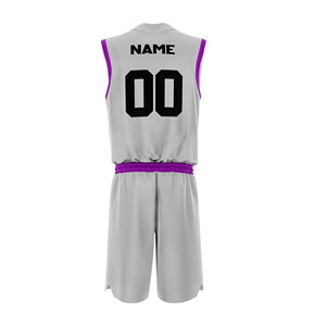 Ensemble de maillots de basket-ball personnalisés sublimés, coupe athlétique, unisexe adulte, sans manches, col en V, dégradé violet-gris, évacuation de l'humidité - Product Image 4