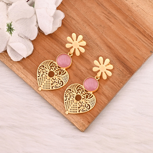 ต่างหูพลอยตาแมวสีชมพูสุดหรูหรา ชุบทองเหลือง สำหรับผู้หญิง - Product Image 2