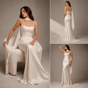 Vestido de Novia de Lujo en Satén, Estilo Moderno Vintage, Corte en A, Corsé, Cuello con Bufanda, Cordones, Largo hasta el Tobillo, Bordado, Personalizado OEM - Product Image 5