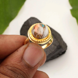 Bague en argent sterling 925 plaqué or 18 carats Vermeil, avec turquoise naturelle et cuivre, 10 mm, pour fiançailles, soirée, tendance - Product Image 3