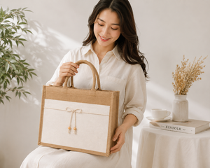 Natural Laminated Jute Tote Bag White Pocket Eco-Friendly Reusable Shopping <b>Handbag</b> for Beach Exhibition Wedding Use Rope Handle - Product Image 1