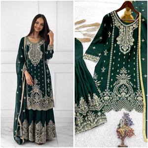 Embellished <b>Green</b> Indian Pakistani Set Chinnon Kurti Sharara Lace Border Dupatta Wedding Party Wear - Product Image 6