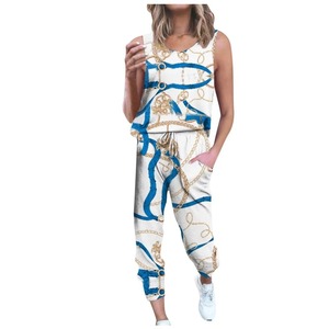 Women White Blue Gold <b>Chain</b> Belt Print Two Piece Set Sleeveless Tank <b>Top</b> Drawstring Pocket Jogger Pants Luxury Casual Lounge Set - Product Image 1