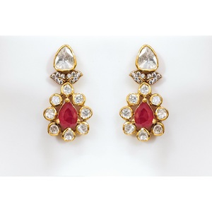 925 Silver Victorian Polki CZ <b>Ruby</b> Leaf Motif Floral Drop <b>Necklace</b> Earring Set Indian Bridal Handmade Antique Gold Plated - Product Image 3