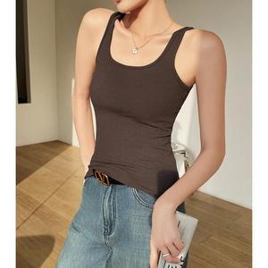 Women Knitted Solid Color Scoop Neck Tank <b>Top</b> Minimalist Style Breathable Cotton Spandex Blend Regular Length - Product Image 3