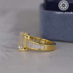 Charm_Jewells Women's Yellow <b>Gold</b> Plated Emerald Cut Moissanite <b>Cocktail</b> <b>Ring</b> Channel Setting Luxury Geometric Design - Product Image 5