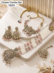 Premium Long Flower Design Choker Kundan <b>Pearl</b> Necklace <b>Set</b> Antique Gold Plated Polki Wedding Haar Earrings Indian <b>Jewelry</b> - Product Image 2