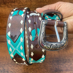 Venta al por mayor de moda para hombres y mujeres, cinturón de cuero turquesa con hebilla de aleación ajustable informal, cinturón de punto Buck de cuero genuino 100% - Product Image 2