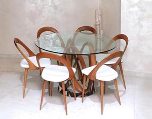 Luxury Handcrafted Solid Wood 6 Seater <b>Dining</b> <b>Table</b> Set Premium Walnut Finish <b>Round</b> <b>Table</b> Set - Product Image 1