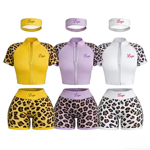 Ensemble de shorts 2 pièces pour femmes, imprimé léopard 3D, en spandex/nylon, avec logo personnalisable sur le devant - Product Image 4