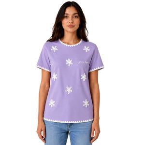 Camiseta de Mujer con Bordado Floral de Lavanda, Ribete en Contraste Blanco, Cuello Redondo, Manga Corta, Estilo Casual, OEM, ODM, Personalizable - Product Image 1