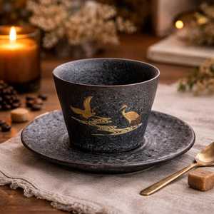 Handmade Wabi-Sabi Traditional Coffee cup Ceramic Irregular Shape Coffee <b>Mug</b> with Saucer Pottery Design By Universal Overseas - Product Image 4