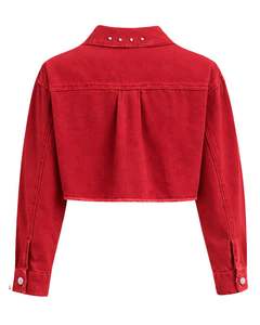 Veste en jean courte rouge personnalisée pour femme avec strass et boutons sur les épaules, manches longues, style streetwear tendance - Product Image 2