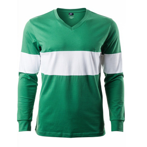 เสื้อยืดแขนยาวคอวีสีเขียวสำหรับผู้ชาย ลายทางบล็อกสี เสื้อยืดลำลองทรงปกติ ผ้าถัก เสื้อยืดคอวีผู้ชาย - Product Image 1