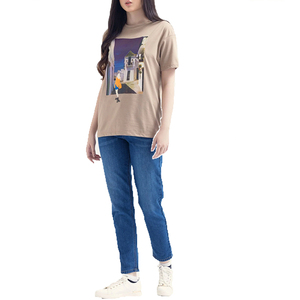 Camiseta de Manga Corta con Cuello Redondo para Mujer, Color Beige, Estampado Digital, Informal, 100% Algodón Jersey, Transpirable, Corte Regular, Primavera Verano - Product Image 2