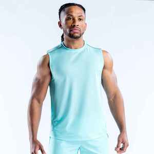 Débardeur pour homme à col rond, bleu clair uni, respirant, en polyester, séchage rapide, tricoté, sportif, sans manches, pour un style de vie actif - Product Image 5