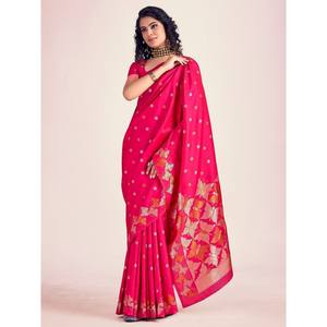ATTRACTIVE BANARASI SOIE AVEC SAREE DE TRAVAIL DE TÊTE ZARI AVEC BLOUSE INCOSÉE GAJARI - Product Image 1