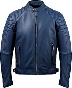 Blouson moto homme en cuir véritable bleu respirant coupe-vent, col montant, fermeture éclair, coupe ajustée, manches classiques, couleur unie - Product Image 2