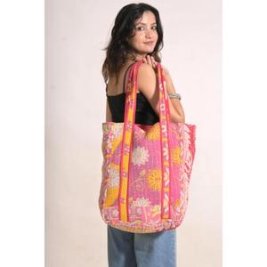 Bolso Tote de Algodón Kantha Hecho a Mano, Bolso de Hombro Abierto Acolchado Estilo Indio Vintage, Boho, para Verano, Otoño, Viajes, Compras, Playa - Product Image 2