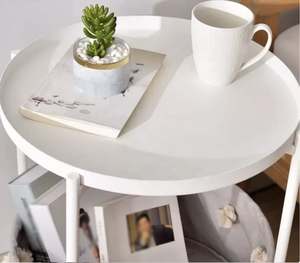 Minimalist White Round Side <b>Table</b> with Storage Basket 2-Tier Metal Frame for Bedroom Use - Product Image 3