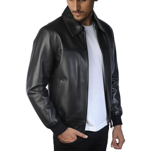 Chaqueta Bomber de Cuero 100% Piel de Cordero Genuina para Hombre, Chaqueta de Cuero Negra con Cuello Camisero, Ropa Exterior Casual Premium para Motocicleta - Product Image 1