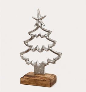 Handcrafted Silver Metal Christmas <b>Tree</b> Sculpture On Sturdy Mango Wood Base Modern <b>Tabletop</b> Holiday Decor For Home And Office - Product Image 3