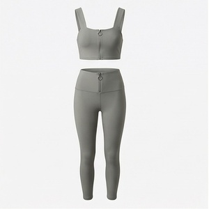 Women Gray <b>Zipper</b> Yoga Set Square Neck Crop Top High Waist <b>Leggings</b> 2 Piece Athletic Outfit - Product Image 1