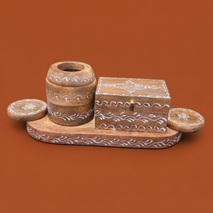 Boho Style Wooden <b>Incense</b> Burner Set On Oval Tray With Hand Painted White Wave Motifs Round Holders And Hinged Storage <b>Box</b> - Product Image 1