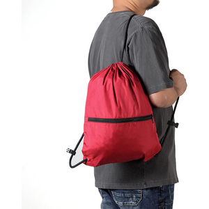 Red Polyester <b>Drawstring</b> <b>Backpack</b> With Zipper Pocket Adjustable Straps Plain Dyed Woven Sport Bag wholesale supplier - Product Image 2