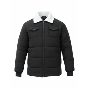 Chaqueta acolchada negra con cuello de sherpa para hombre, abrigo cálido con cremallera y bolsillos con solapa, ropa exterior informal para exteriores - Product Image 1