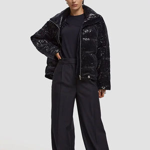 Manteau d'hiver court décontracté pour femme 2025, noir, à sequins dorés, col montant, matelassé, avec fermeture éclair - Product Image 2