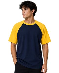 เสื้อยืดแขนสั้นคอกลมสีกรมท่าและเหลืองสำหรับผู้ชาย ผ้าฝ้าย สไตล์ลำลอง สตรีทแวร์ ตัดต่อสี  รับผลิตตามแบบ - Product Image 1