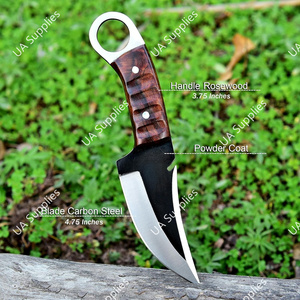 Couteau de chasse, de camping et de survie haut de gamme en acier inoxydable 12C27, manche en bois de rose, trou pour le pouce, prise ferme, étui en cuir, OEM - Product Image 6