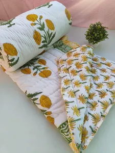 Premium 100% Cotton Yellow Floral Block Print Reversible Razai Soft Warm <b>Winter</b> Blanket Hand Printed Ethnic Indian Bed <b>Quilt</b> - Product Image 5