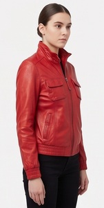 Blouson Bomber Femme en Cuir de Mouton Rouge avec Ourlet Côtelé, Fermeture Éclair Intégrale, Coupe-Vent, Écologique, Vêtement d'Extérieur Utilitaire d'Hiver – Vente en Gros - Product Image 3