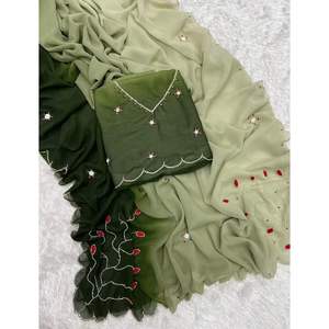 ATTRACTIVE GEORGETTE TRAVAIL À LA MAIN SAREE AVEC BLOUSE INCOSÉE VERT - Product Image 1