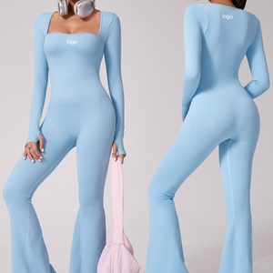 Women Long Sleeve <b>Square</b> <b>Neck</b> <b>Bodysuit</b> Full Length Seamless Stretch Knitted Activewear Solid Color One Piece Jumpsuit - Product Image 6