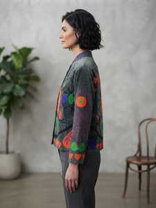 Blazer de Terciopelo Gris Crudo Bordado con Cuello Mao, Manga Larga, Estampado Floral, Cortavientos, Ropa de Invierno para Mujer - Product Image 4