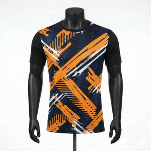 Camiseta de Manga Corta con Cuello Redondo y Estampado Geométrico Azul Marino y Naranja para Hombre, de Secado Rápido, Tejido Deportivo, Corte Regular - Product Image 1