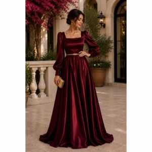 Vestido de noche de satén color burdeos para mujer – Elegante vestido largo con cuello cuadrado, manga larga, corte en A y cinturón en la cintura - Product Image 3