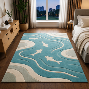 Alfombra de Lana/Seda Moderna de Estilo Costero, Hecha a Mano, con Patrón de Delfines, Base de Látex Suave Antideslizante, Azul Beige, para Dormitorio y Hogar - Product Image 2