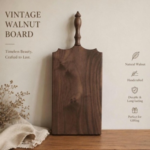 Planche à découper vintage en bois de noyer, avec une structure artisanale et une poignée élégante à embout en forme de tige, idéale pour couper les légumes. - Product Image 1