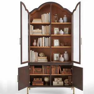 Premium Arched Teak <b>Wood</b> Bookshelf Glass Door Display Hutch Cabinet - Product Image 1