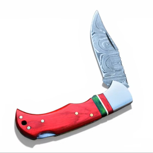 Cuchillo Plegable Profesional Hecho a Mano de Acero de Damasco con Bloqueo Trasero, Mango de Madera Pakka, Táctico, EDC, Supervivencia, Recto, con Funda de Cuero - Product Image 1