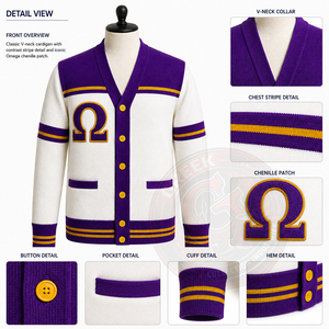 เสื้อคาร์ดิแกนถักลายตัวอักษรกรีกแบบโอเมก้า สไตล์พรีปปี้ แขนยาว สีขาว ทอง ม่วง ปักลาย สำหรับผู้ชายและผู้หญิง - Product Image 6