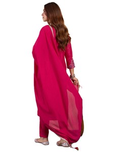Ensemble 3 pièces traditionnel indien pour femme : Kurta droite en soie brodée, Palazzo et Dupatta, pour usage quotidien décontracté - Product Image 5