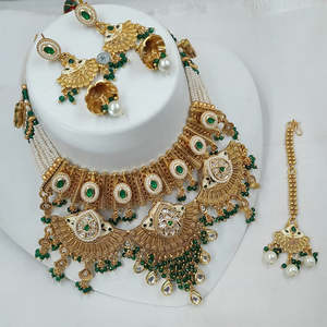 Conjunto Meenakari de collar de perlas y piedras de Pota chapadas en oro 13111161GR Conjunto de joyería fina - Product Image 1