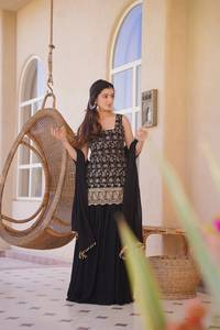 Salwar Kameez en rayonne brodée noire, longueur ras du sol, tenue de mariage traditionnelle avec dupatta pour femmes, style Inde Pakistan - Product Image 1