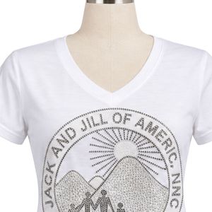 Jack and Jill Women <b>White</b> <b>V</b> <b>Neck</b> Rhinestone Graphic <b>T</b> <b>Shirt</b> Short Sleeve Sparkle Logo Casual Cotton Tee Fashion Top for Ladies - Product Image 3